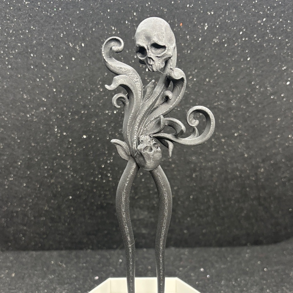Black Gothic Skull & Rose Hair Sticks – Ornate Dark Floral Design - Picture 2 of 5